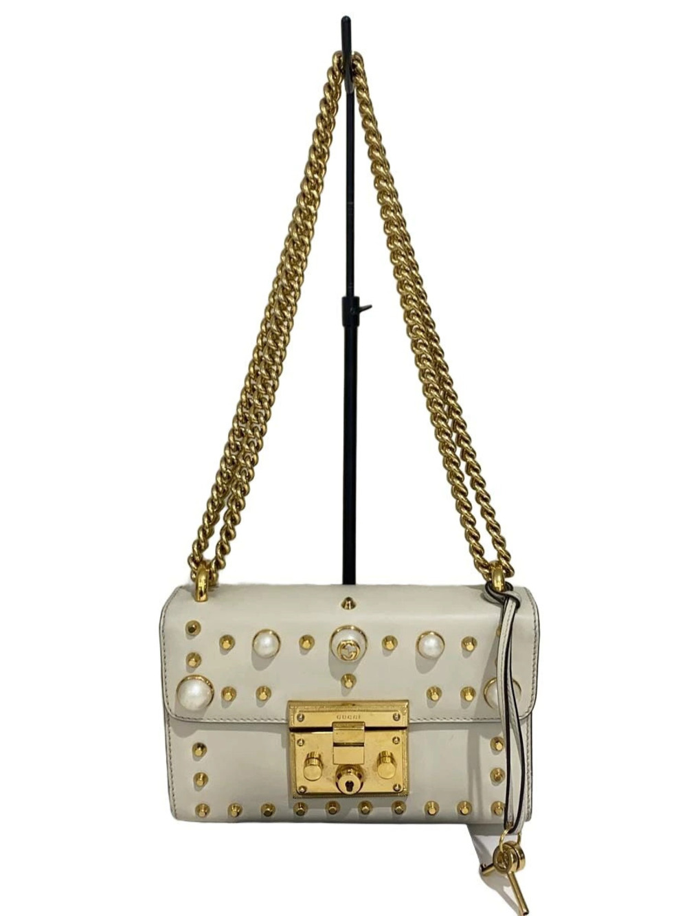 Gucci Pearl Studded Padlock Shoulder Bag Leather White